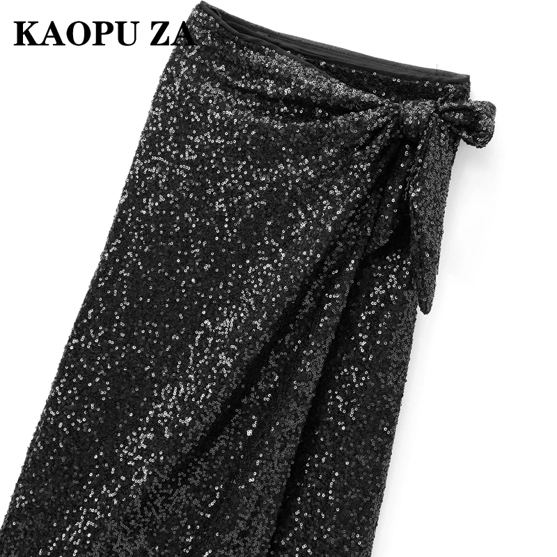 KAOPU ZA 2024 New Summer Woman Casual Sequins Solid Color Midi Skirt Female Party Bow Ruffles Regular Fit High Waist A-lineskirt