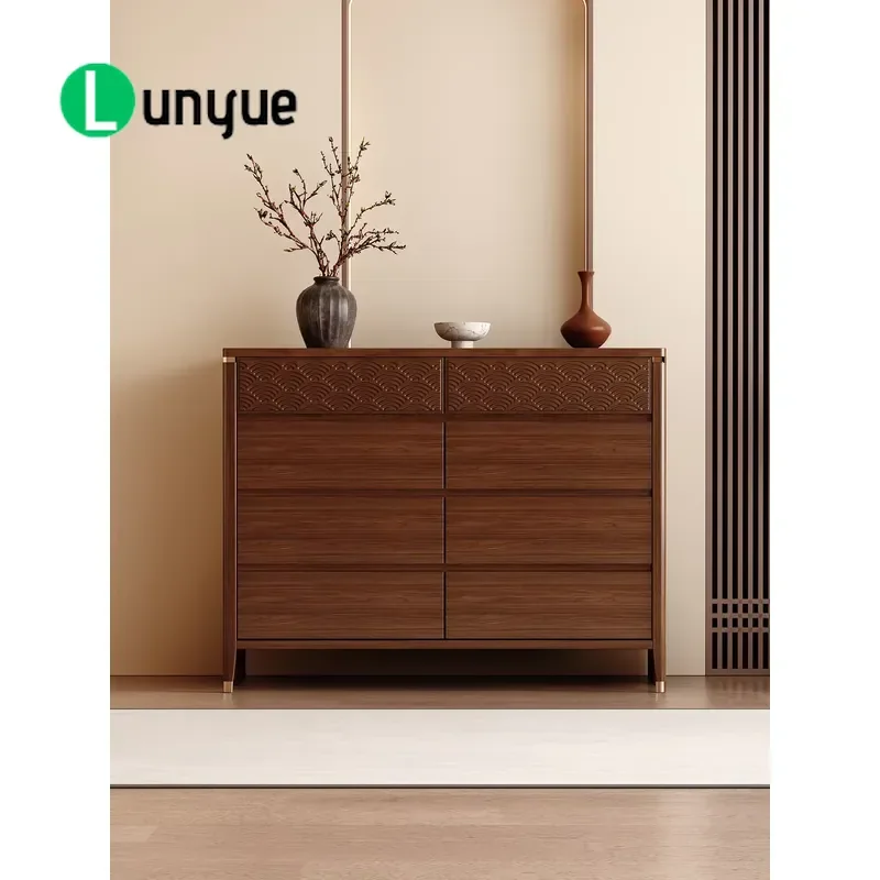 Modern 6 Drawer Dresser Luxury Oak Wood 3D Wave Engraved Design Silent Slides Steel Trim Multi Purpose Storage Cabinet for