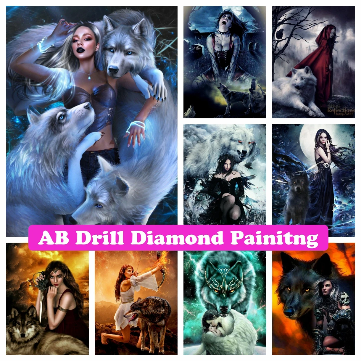 

Grey Wolf and Girl 5D DIY AB Drills Diamond Painting Embroidery Fantasy Gothic Animal Cross Stitch Rhinestone Mosaic Home Decor