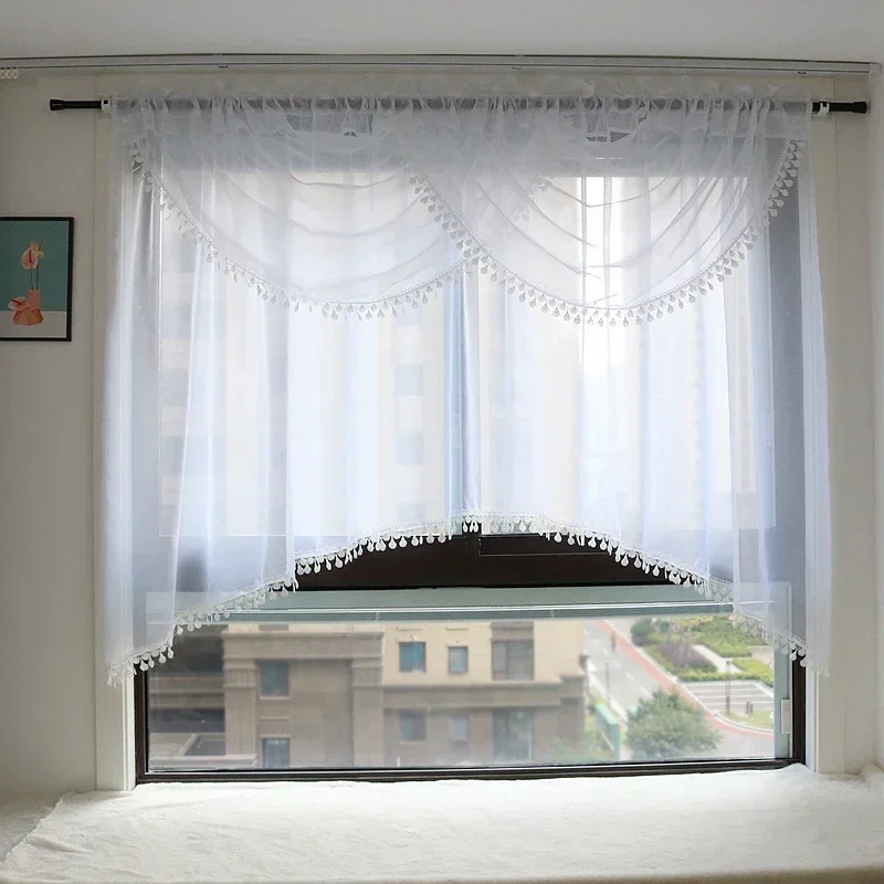 Double Arcuated Valance Curtain with Lace, Sheer Window Curtains, Drapes for Living Room, Balcony, Kitchen, White, 1Pc