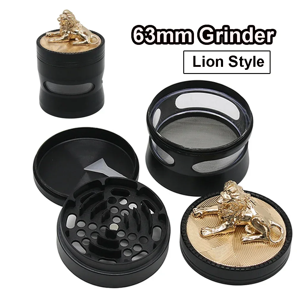 Lion Style Tobacco Grinder Crusher 4 Layer Mesh Screen Pollen Catcher Herb 63mm Crusher