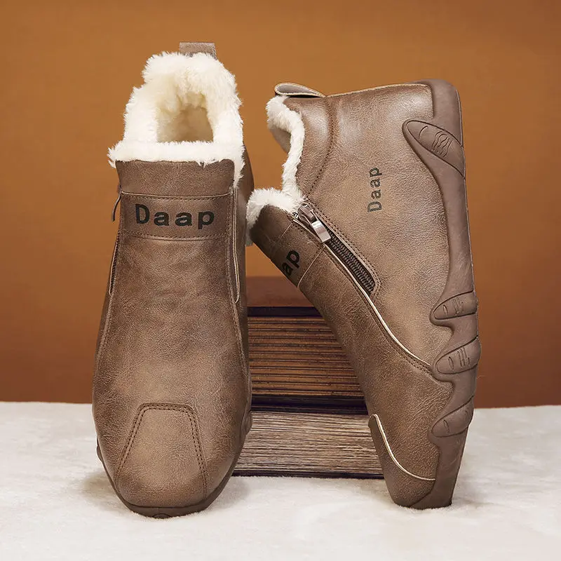 Youth Casual 2025 Winter Men's Leather Upper High Top Safety Shoes Plush Lined Thickened Warm Anti Slip Cotton Shoes