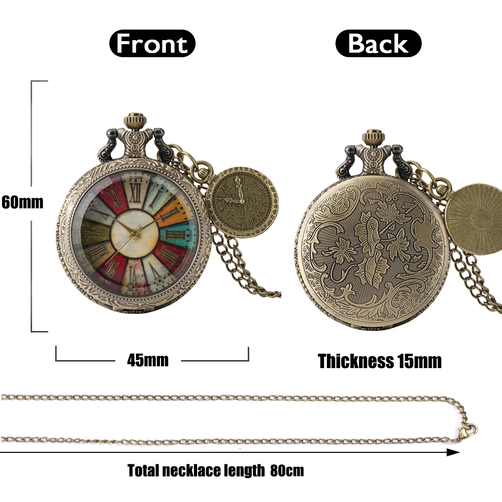 Vintage Bronze Pocket Watch Necklace Gift Men Women Colorful Roman Numeral Dial With Roman Label Pendant Quartz Clock