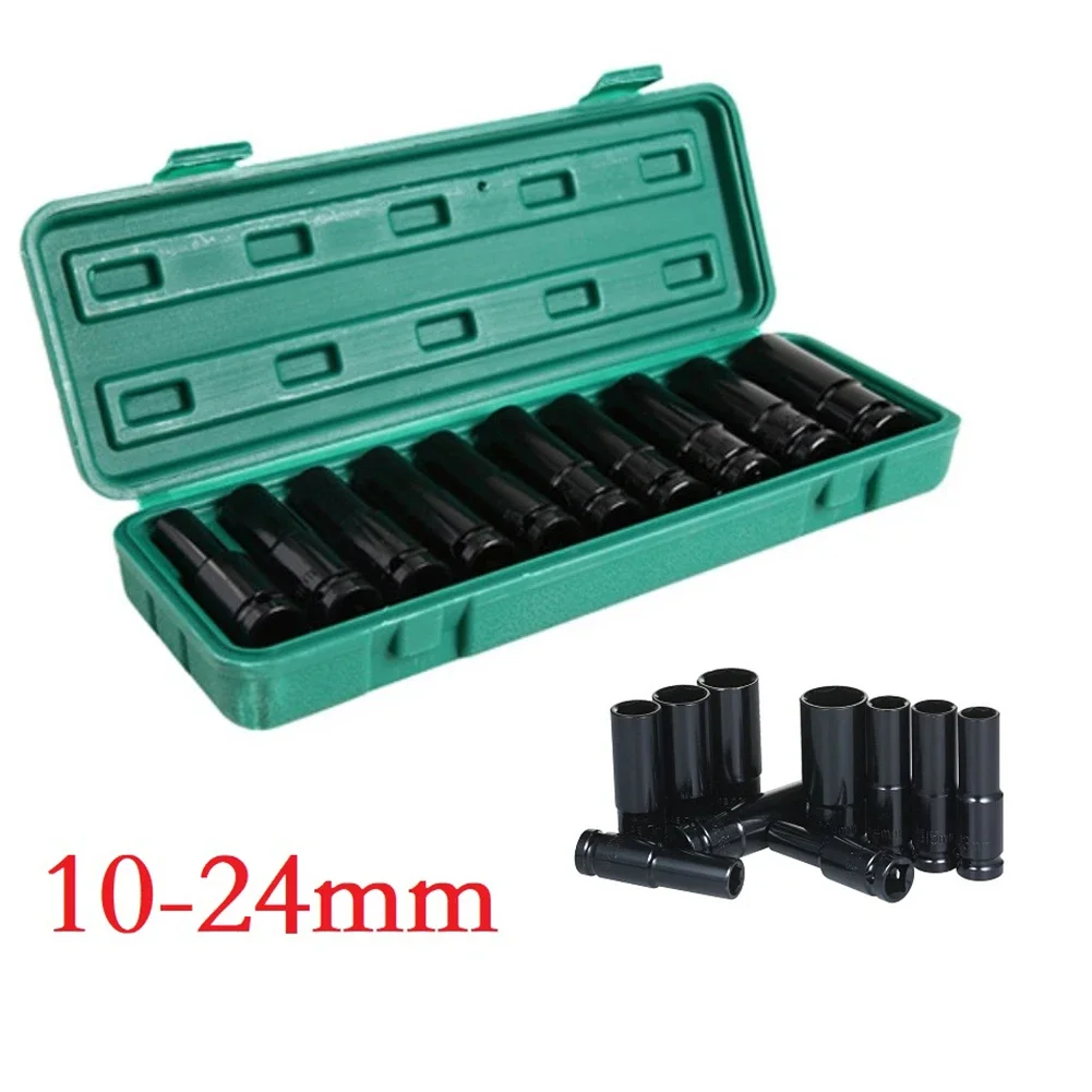 

10pcs 1/2Inch 6-Point Impactdrive Socket Metric 10-24mm Carbon Steel Hand Tools Pneumatic Extension Socket Wrenches Set