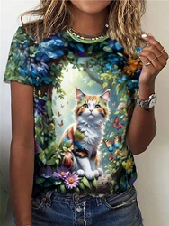 colorful cat Print T-shirt, Casual Crew Neck Short Sleeve Top For Spring & Summer, Women's Clothing