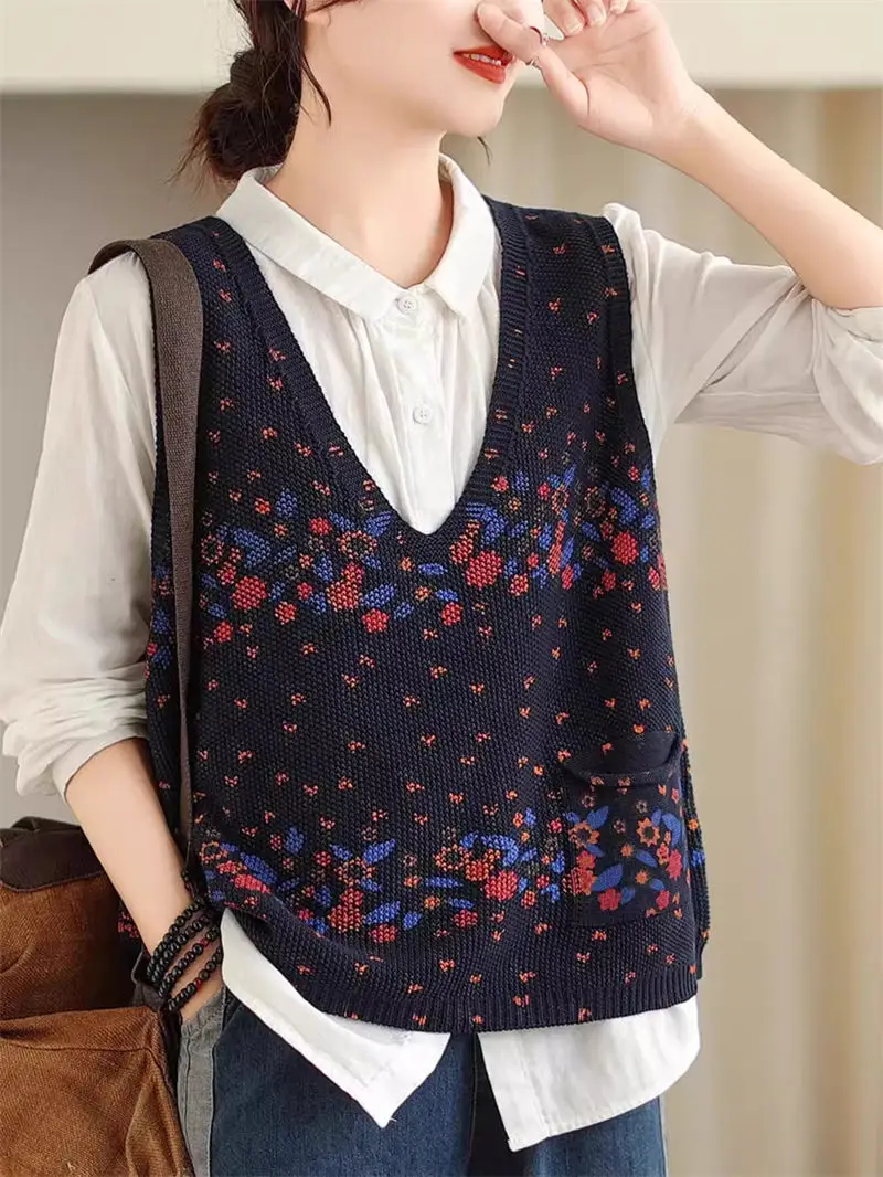 Ethnic Style V-Neck Knitted Sleeveless Vest Loose Short Jacket For Women 2024 Spring Summer Printed Sweater Waistcoat Tops K504