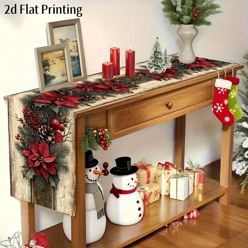 VIKAMA Winter Floral Table Runner, Waterproof Retro Xmas Pine Branch Flower Pattern Table Runner For Dining Table Home Decor