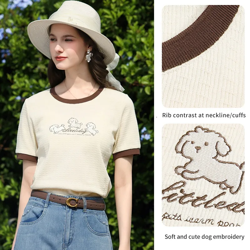 I BELIEVE YOU Round Neck Short Sleeve T-shirt 2026 Summer New Dog Embroidery Contrast Collar Casual Top for women 2262016310