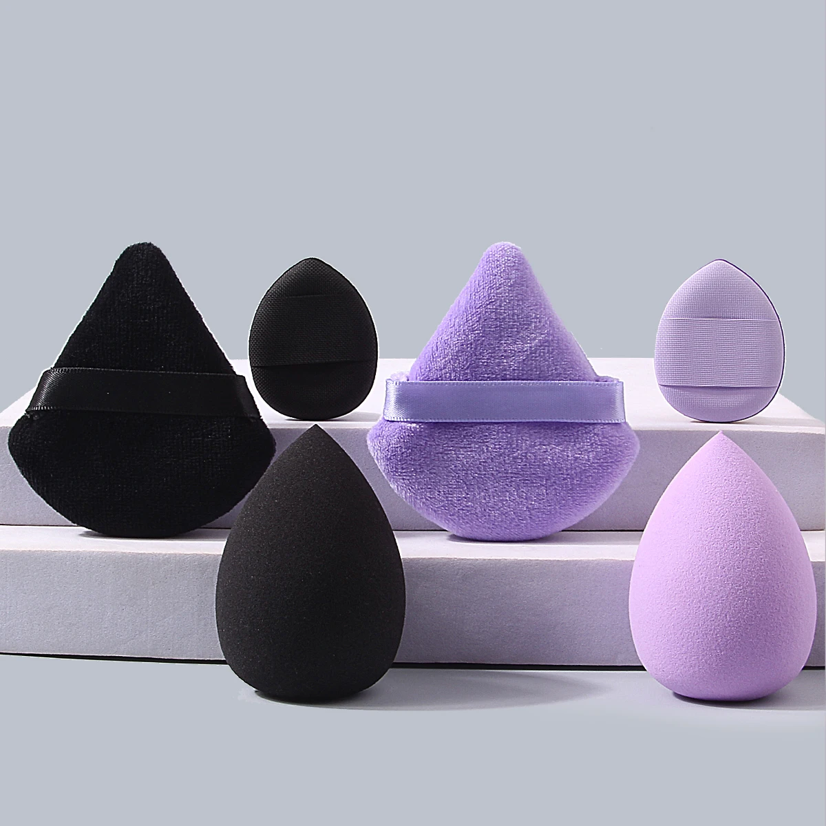 مجموعة من 6 قطع من إسفنجة المكياج فائقة النعومة: إسفنجة بودرة غير لزجة على شكل بيضة + نفخة مسحوق على شكل مروحة/نفخة مسحوق صغيرة