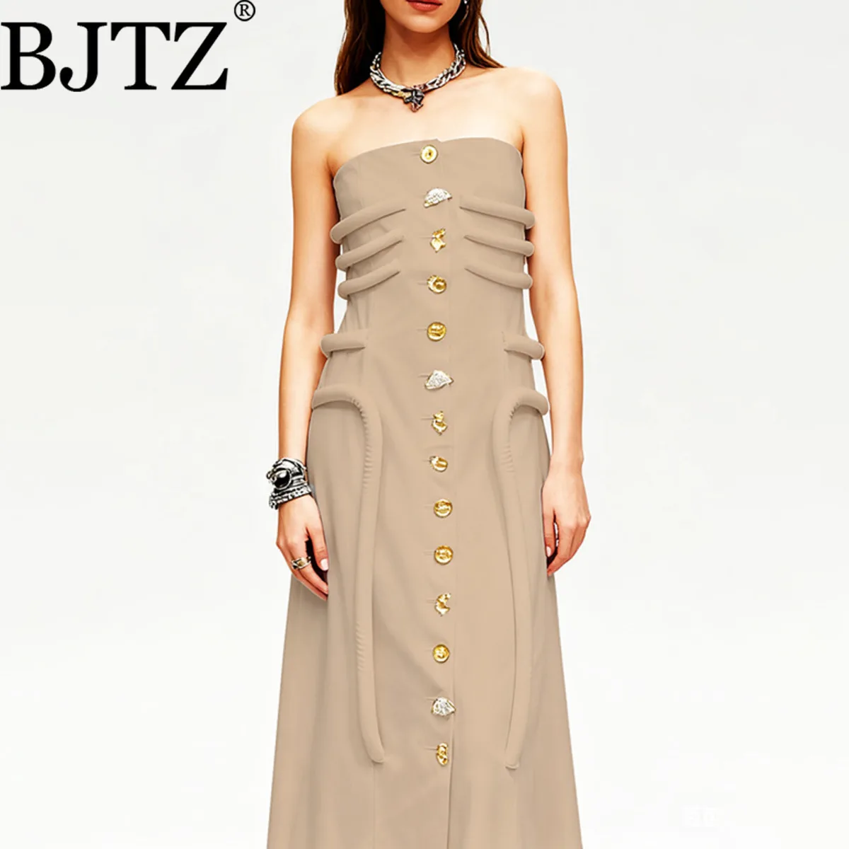 

BJTZ 2025 осеннее сексуальное элегантное платье без рукавов без бретелек миди платье уникальные пуговицы минималистичный Премиум удобный повседневный вечерние