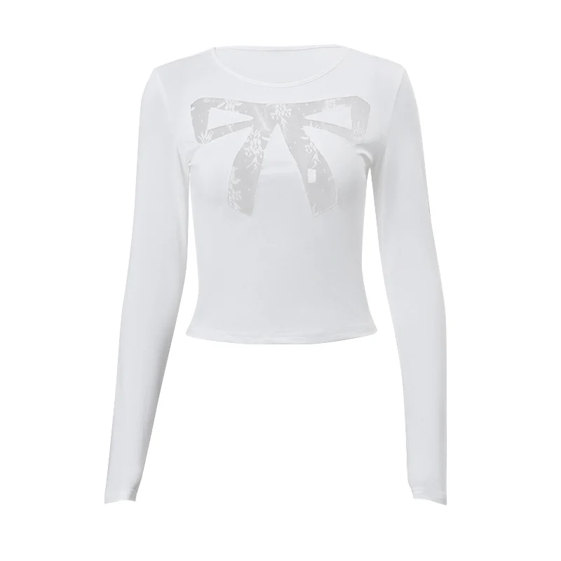 Xeemilo Y2K Lace Bow Cut Out See-through T Shirt Aesthetic Round Collar Slim Skinny Long Sleeve Crop Tops Simple Fashion Tees