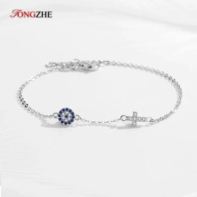 

TONGZHE 925 Sterling Silver Hamsa Lucky Evil Eye Cross Bracelet Wonder Women Small Blue Cystal Stones Fine Wedding Jewelry