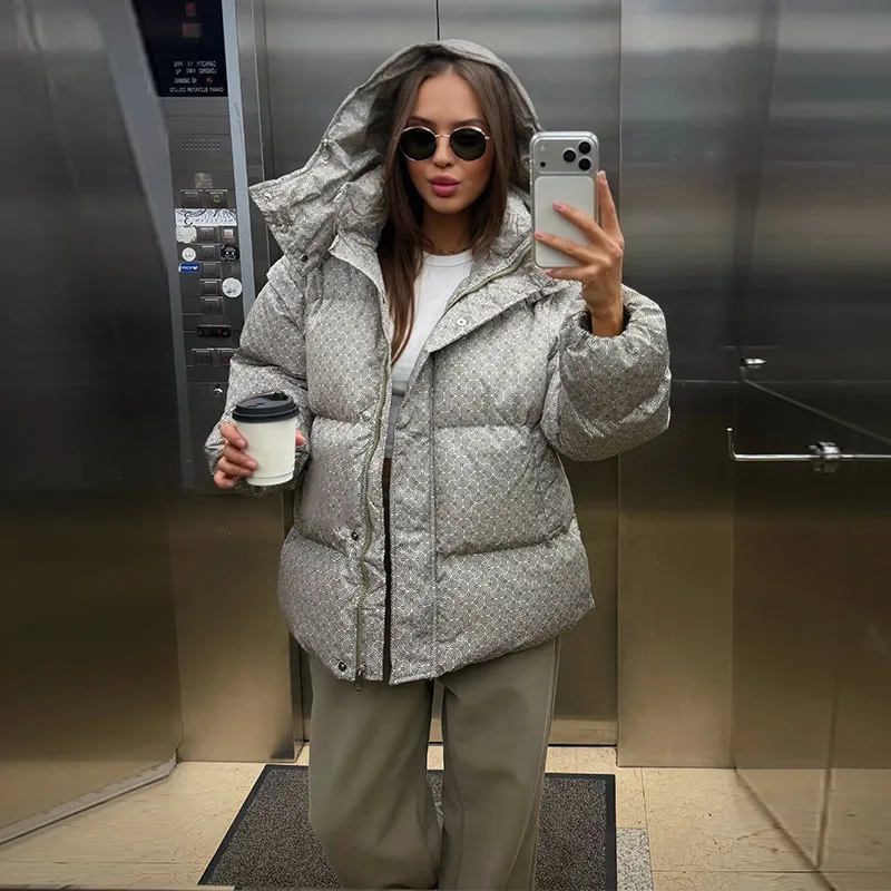 Bedruckte Damen-Pufferjacke mit Kapuze, Reißverschluss vorne, Langarmjacke, Oversize-Freizeitmantel, 2026, warme, modische Streetwear-Oberbekleidung – Detail 2