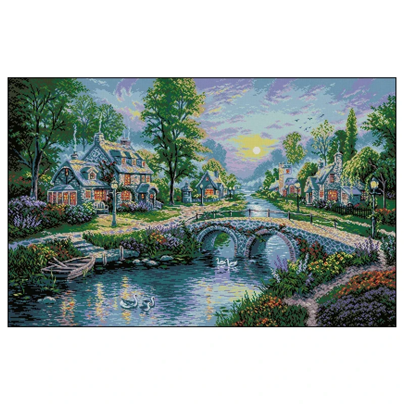 

Amishop Top Quality Beautiful Lovely Counted Cross Stitch Kit River House Home Cottage Swan