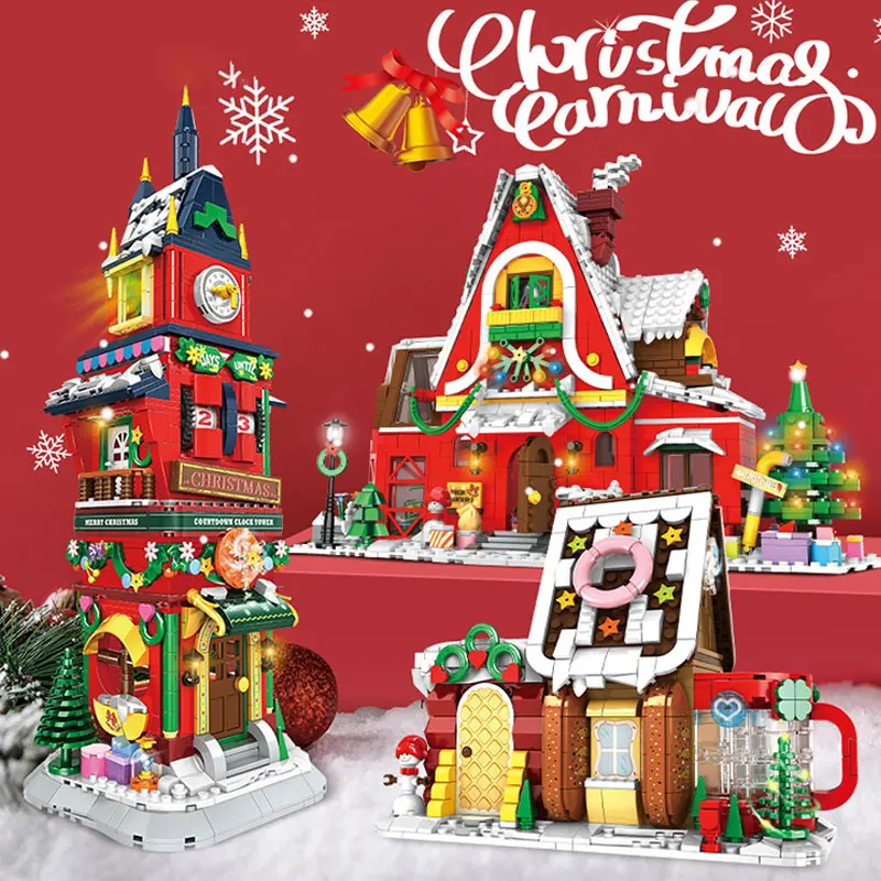 Klocki Świąteczne Budynki Zamek DIY Model Świąteczny Cegły Dzieci Renifer Chłopcy Zabawki Nowy Rok Zima Miasteczko Halloween Święty Mikołaj