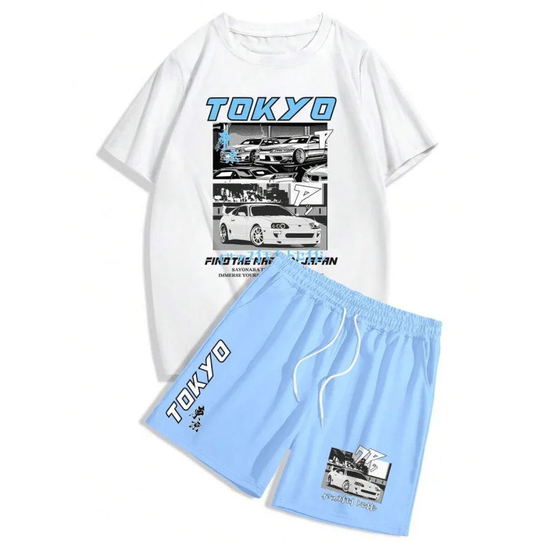 Men's Slogan & Car Print Crew Neck Short Sleeve Casual T-Shirt And Drawstring Waist Shorts Set Men S Two Pieces