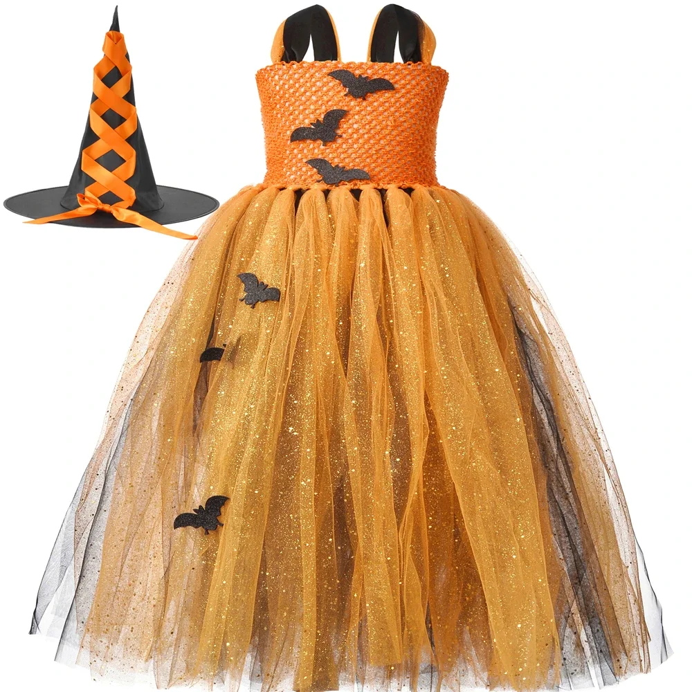 Vestido tutú de bruja murciélago para niñas, color naranja y negro, disfraz largo de calabaza con purpurina para Halloween, ropa elegante para fiesta de Carnaval