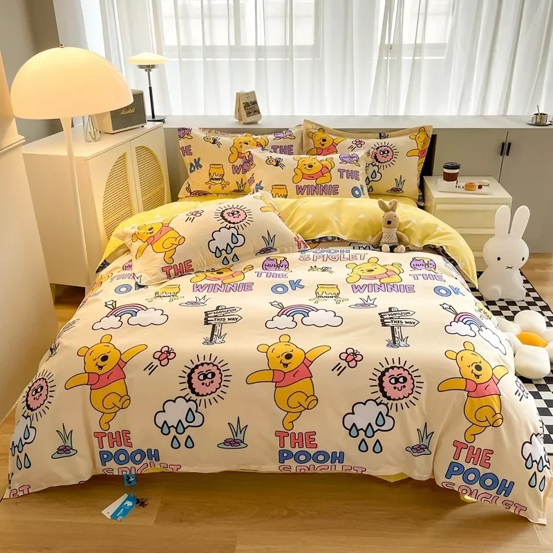 Juego de cama Disney Stitch Mickey Mouse, sábanas con estampado de dibujos animados, juego de sábanas de poliéster de 4 piezas, juego de colcha,