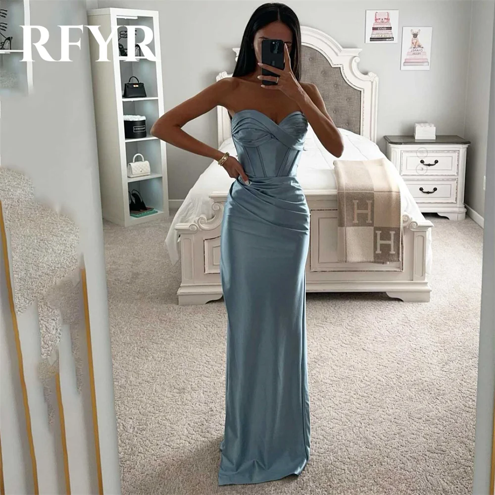 

RFYR Sky Blue Prom Dresses Sweetheart Mermaid Long Evening Dresses Sleeveless Robe De Soirée with Pleats Satin Party Dresses