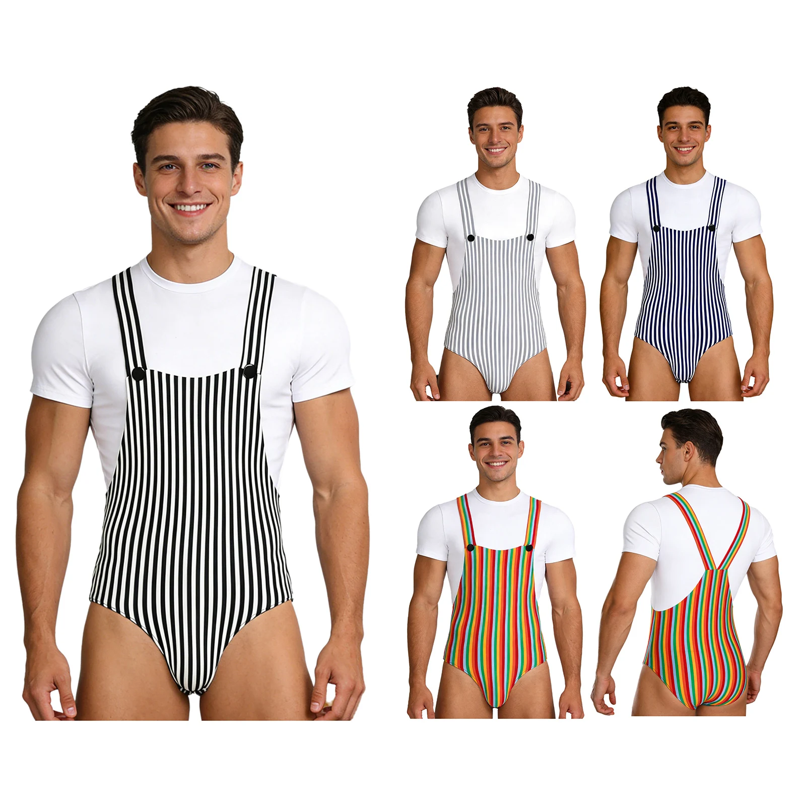 Men's Button Short Sleeve Jumpsuit Comfortable Striped Loose High Elastic Home Clothes Sleepwear Fake 2-piece Leotard Lounging