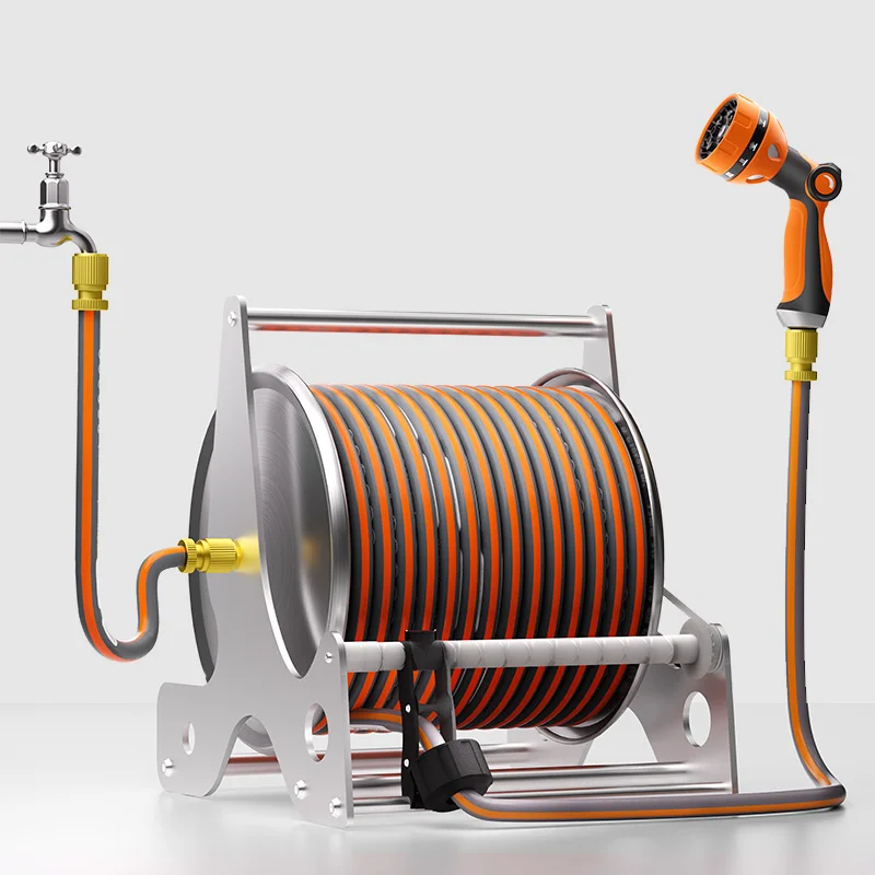 Wall Mounted Stainless Steel Auto Garden Hose Reel Cart With Guide Rail Spray Gun CNS Standard Optional 10-40m