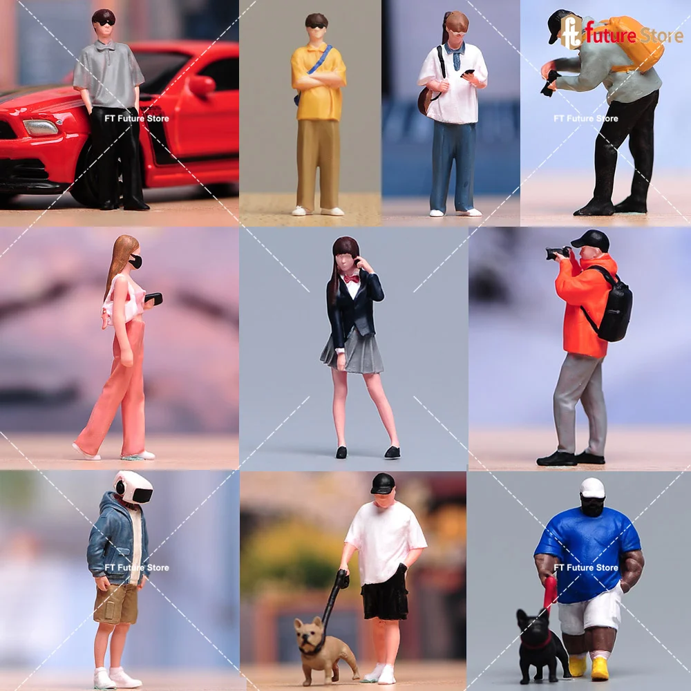 

Miniature Figures 1/87 1/64 1/43 1/24 1/18 Men Walking a Dog Trendy Boy Girl Photographer Mini Doll Scene Props Display Decor