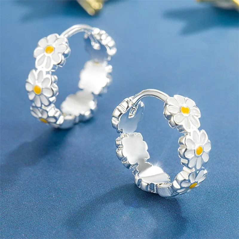 925 Silver Plated White Enamel Daisy Flower Stud Earrings for Women Girls Party Wedding Jewelry Gift e091