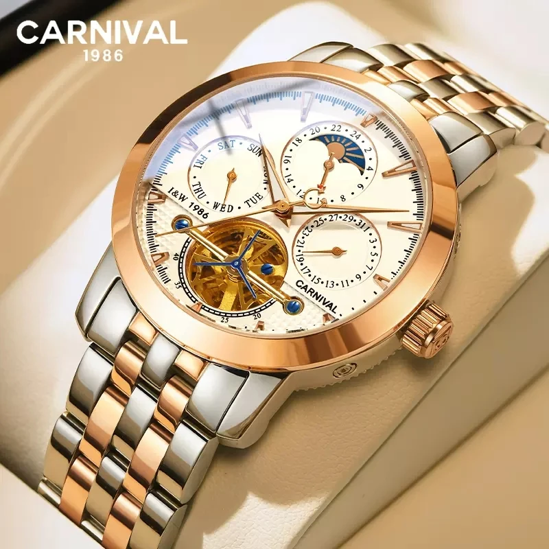 Carnival Brand Fashion Automatic Tourbillon Watch Men Luxury Mechanical Wristwatch Luminous Military Clock Relogio Masculino