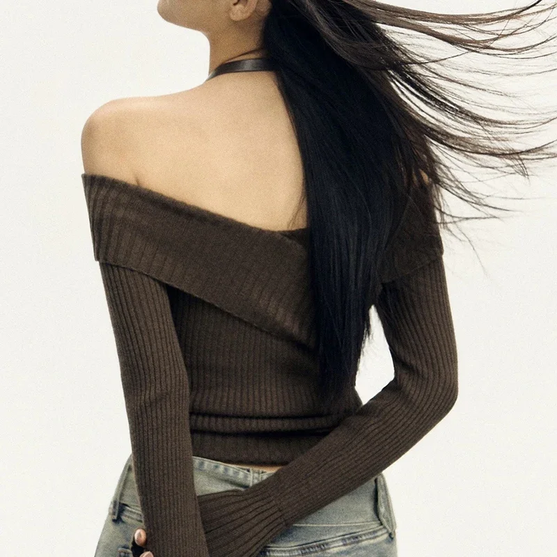 سترة نسائية مكشوفة الأكتاف من MEXZT Y2K بلوفرات محبوكة مثيرة مقصوصة هاراجوكو عتيقة برقبة مائلة ملابس تريكو شتوية #3