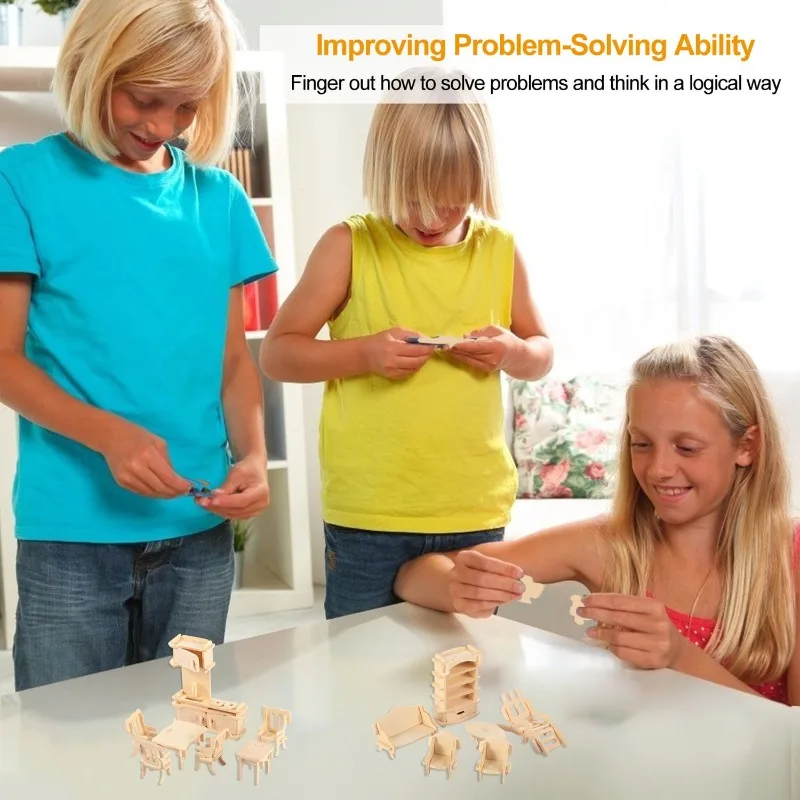 

Wooden Dollhouse Furniture Puzzles Miniature Models Set Creative Educational Building Toys Craft Hobby Gift for Kids Adults