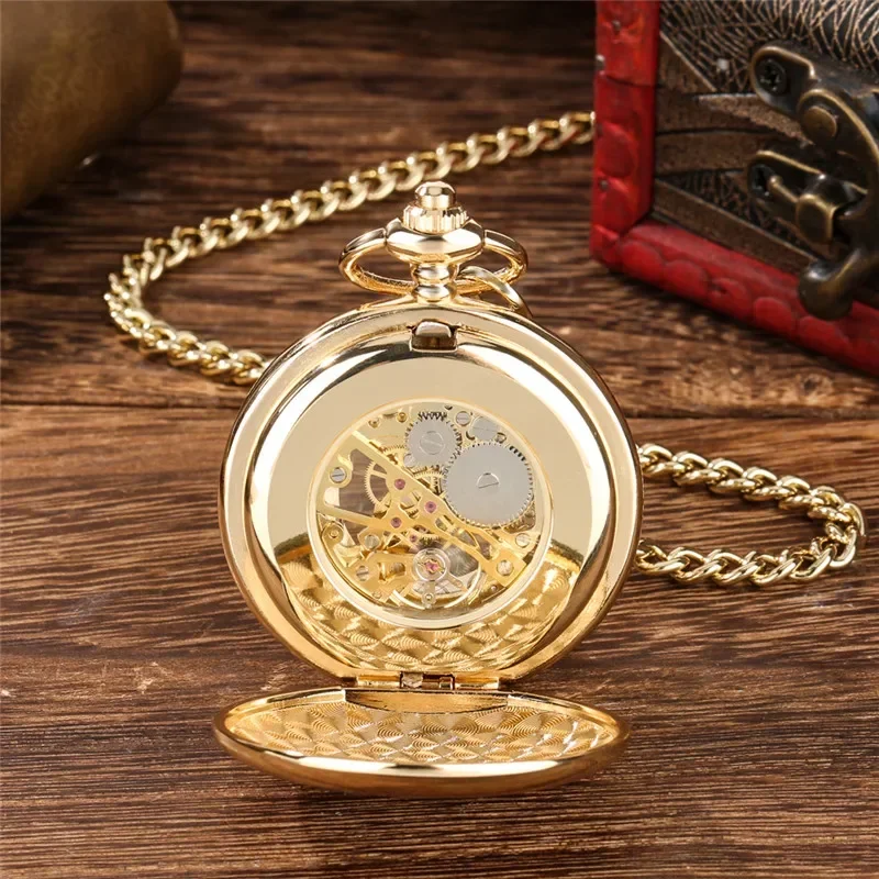 Luxury Golden Double Hunter Handwinding Mechanical Pocket Watch Roman Number Dial with Pendant Chain Retro Timepiece Gift