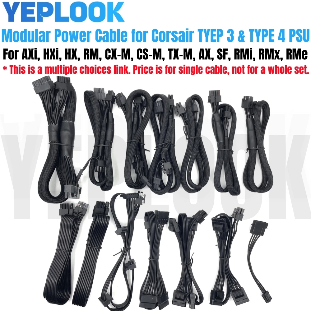 

Modular Power Cable for Corsair CX850M CX750M CX650M CX500M CX450M CX430M, GPU PCIe 8Pin 6+2Pin, CPU 4+4Pin, SATA Molex IDE 4Pin