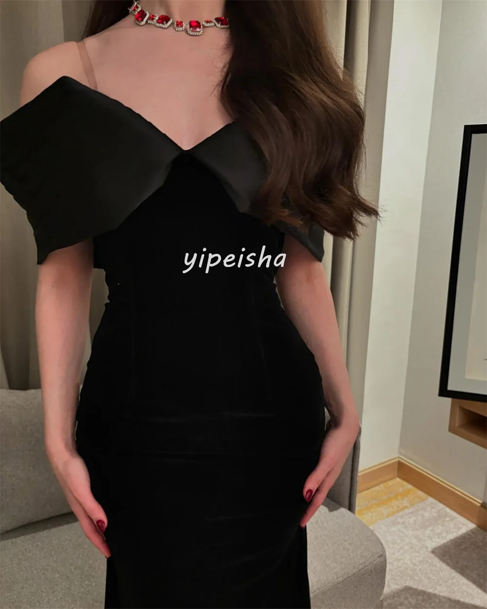 Op maat gemaakte bijpassende hoge kwaliteit jersey plooi ruches zeemeermin off-the-shoulder midi-jurken avondjurken maten beschikbaar retro