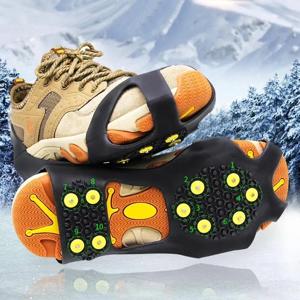 2pcs 10 Steel Studs Crampons Snow Grips Cleats for Ice and Snow Anti-Slip Rubber Traction Spike Shoes Outdoor Mountaineering