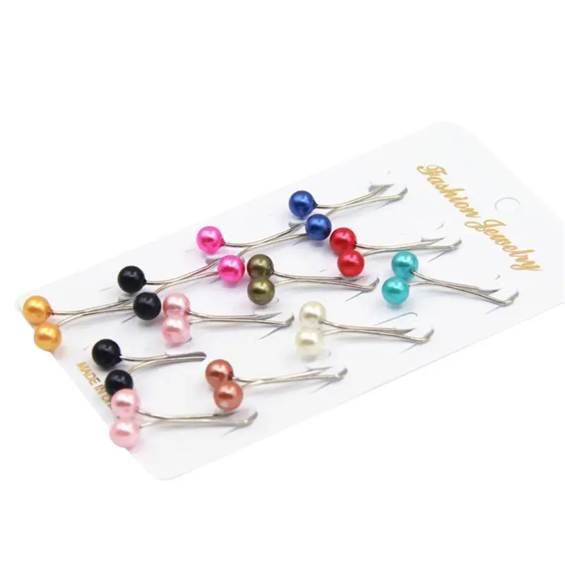 12Pcs/Pack Muslim Women Scarves Hijab Stainless Steel U Clips Colored Imitation Pearl Ball Pendant Safety Shawl Brooch Pins