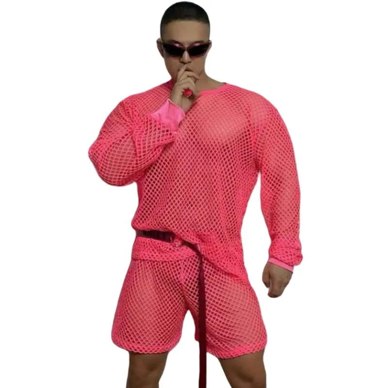 

Вечеринка в ночном клубе, мужской костюм танцовщицы Gogo, розовый ажурный топ в стиле хип-хоп, шорты, комплект, сексуальная сценическая одежда для выступлений