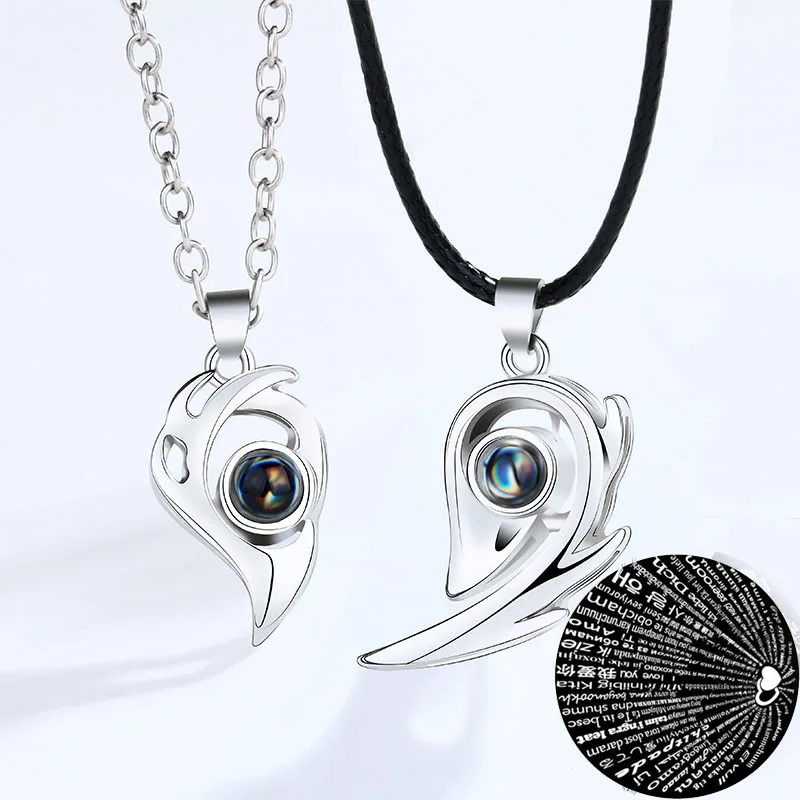 2Pc Magnetic Distance Couple Necklace Heart Projection Pendent 100 Languages I Love You Lovers Matching Pendant Necklace Jewelry