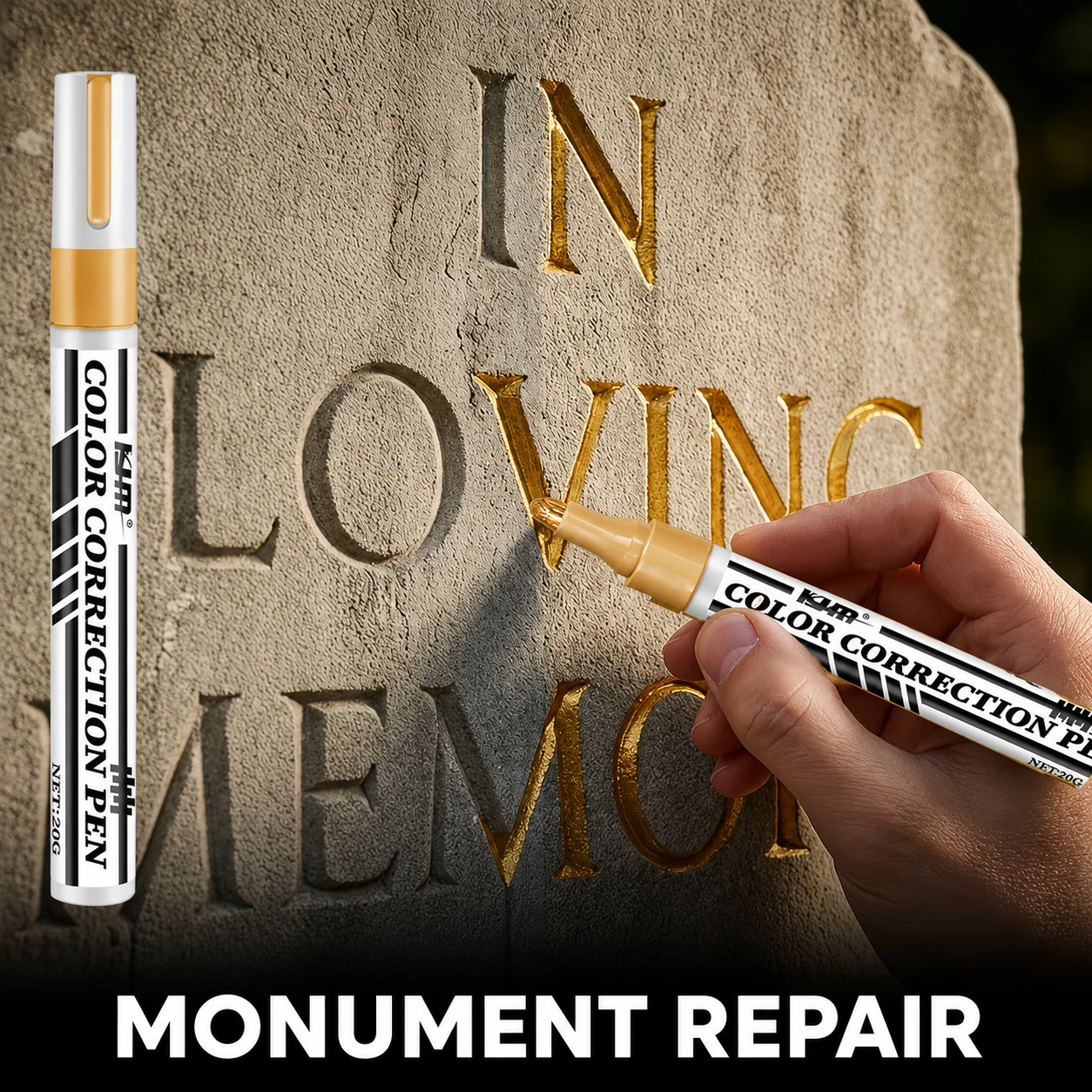 KJM Gold Color Correction Paint Pen Permanent Marker for Headstone Lettering Stone Metal Automotive Surfaces
