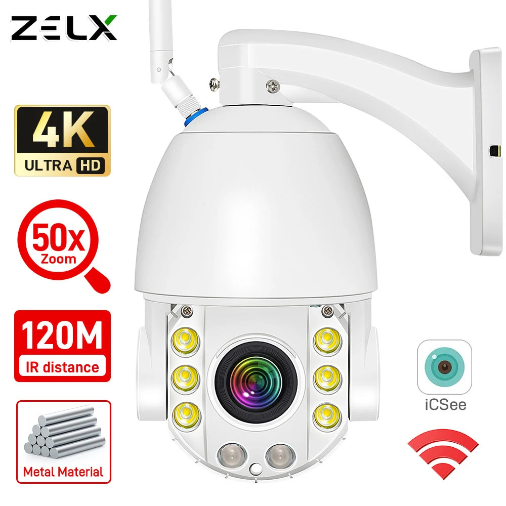 4K 8MP WiFi IP Camera 50X Zoom Outdoor Security Video Surveillance CCTV AI Auto Tracking 120M IR Distance Waterproof Metal Shell