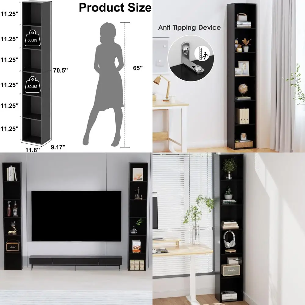 6-Tier Slim Corner Bookcase, 70.5 Tall Thin Storage Cabinet…