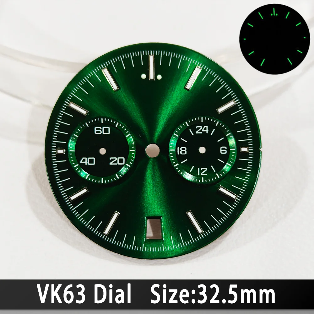32,5 MM Beide augen Uhr Zifferblätter Für VK63 Geeignet Für VK64 Quarzwerk C3 Grün Leucht Zifferblätter Männer Uhr Zubehör teile