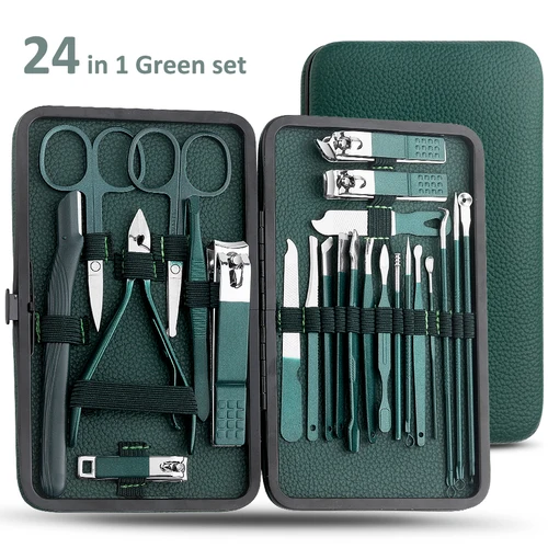 스테인레스 스틸 네일 커터 및 페디큐어 가위 세트, 휴대용 매니큐어 및 페디큐어 도구, 녹색 손톱깎이 세트 T, 7 개, 13/24 개