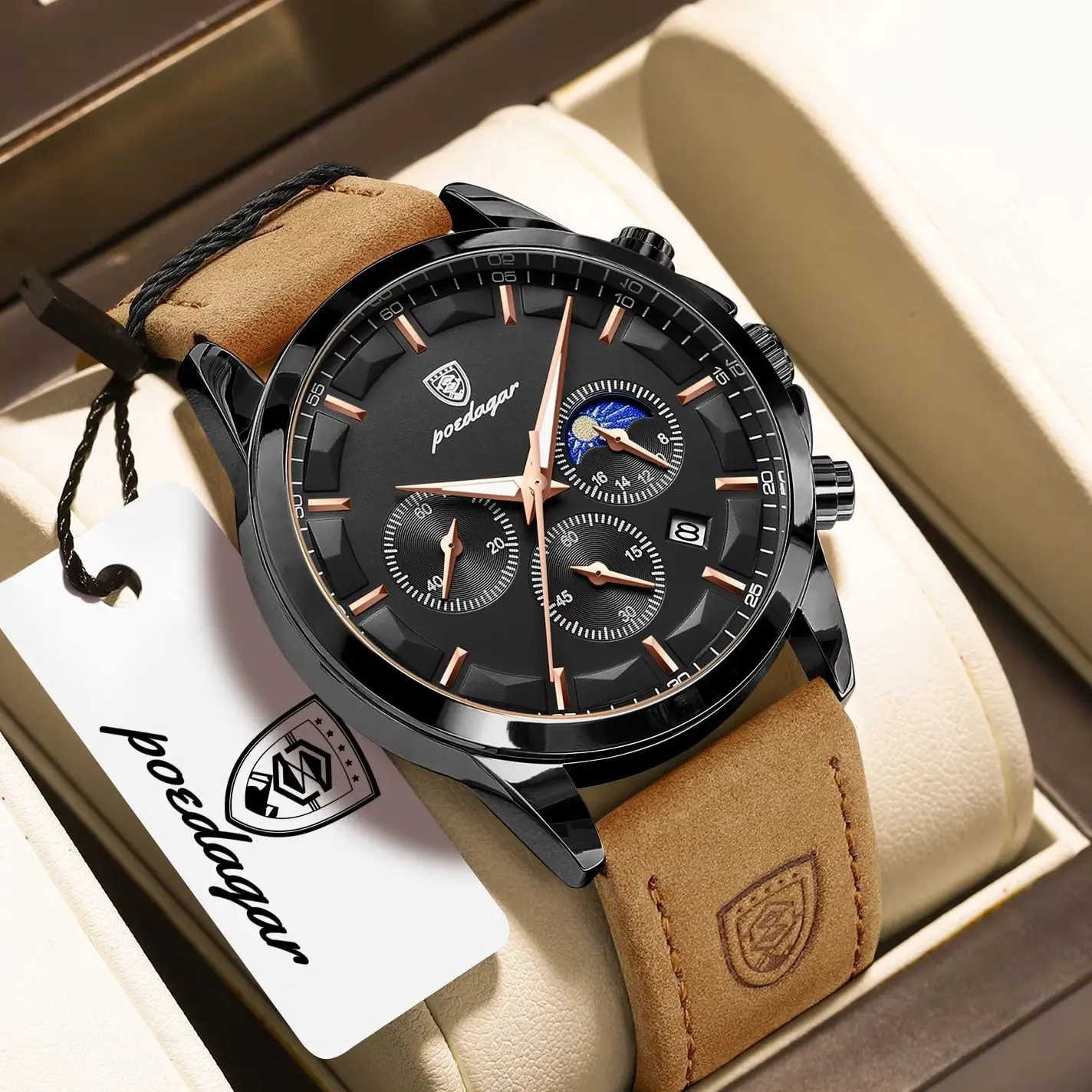 POEDAGAR Sports Luxury Men Quartz Watch Waterproof Chronograph Luminous Date Man Wristwatch Business Leather Men's Watches Clock