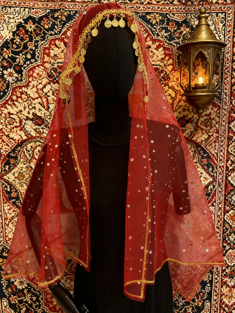 

Red Sequin Bridal Veil With Golden Coin Trim Exquisite Middle Eastern Style Wedding Headpiece For Traditional Bridal Look