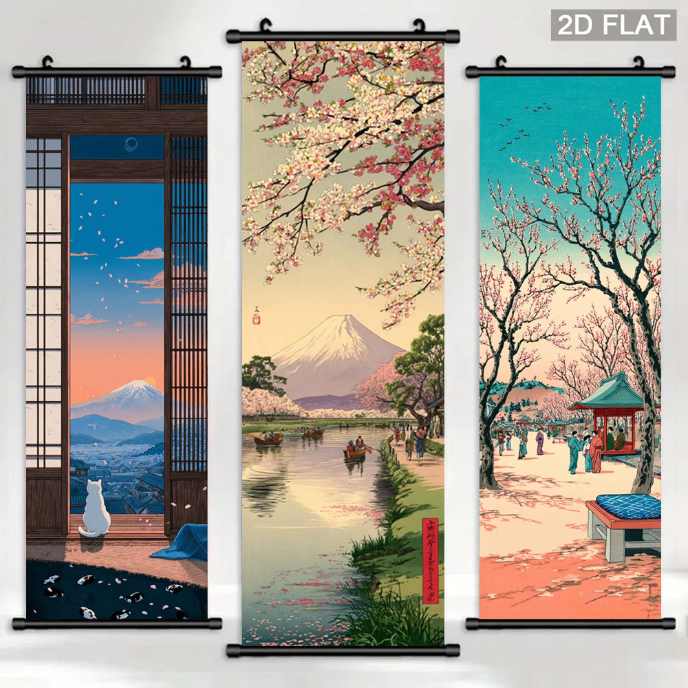 VIKAMA Japanese Ukiyo-e Mount Fuji Scroll Tapestry, Cherry Blossoms River Wall Art, Fabric Poster for Bedroom Living Room Decor