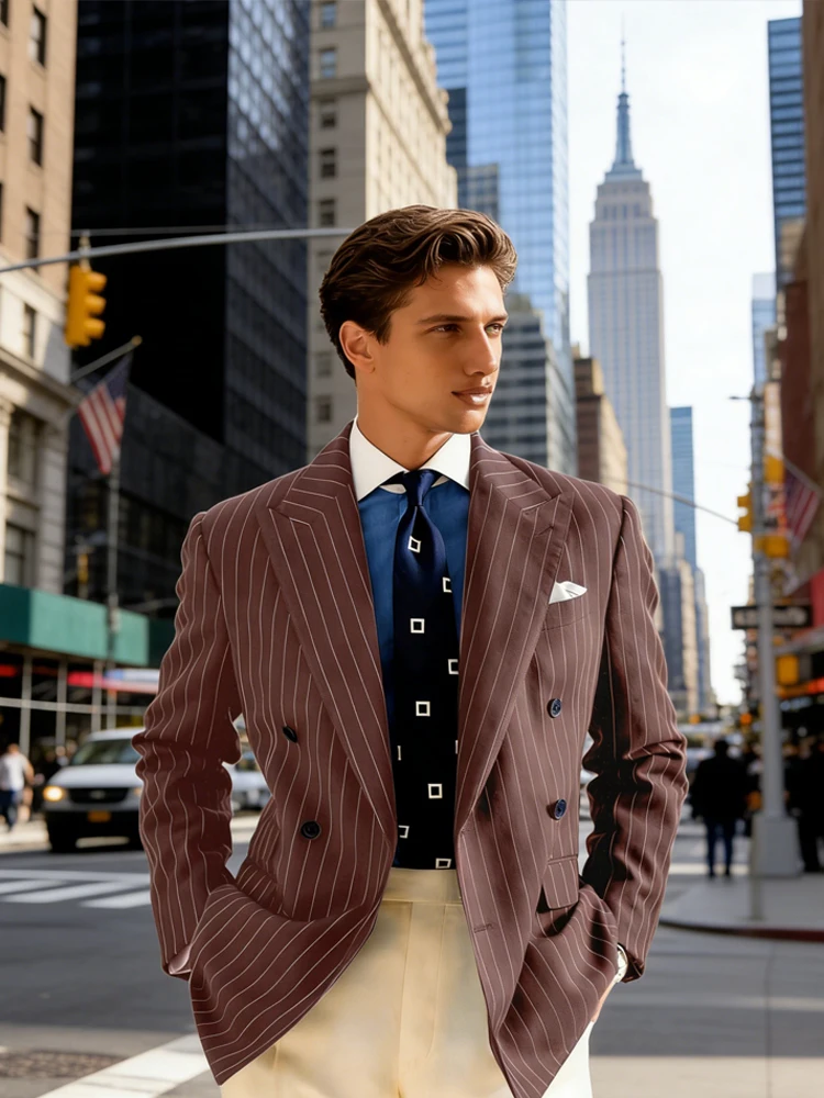 

Premium Men's Striped Tuxedo Jacket Classic Double Breasted Formal Wedding Bridegroom Business Groom Blazer For Party Prom