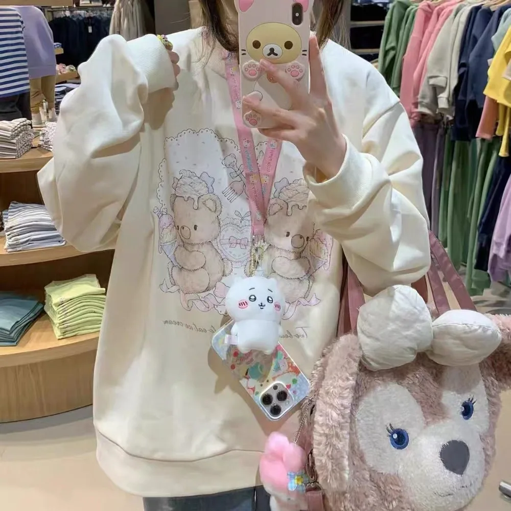 Thick Velvet Winter Top Japanese Cute Bear Printed Y2K Sweatshirt Lolita Hoodie Loose Kawaii Harajuku Teens Long Sleeve Pullover