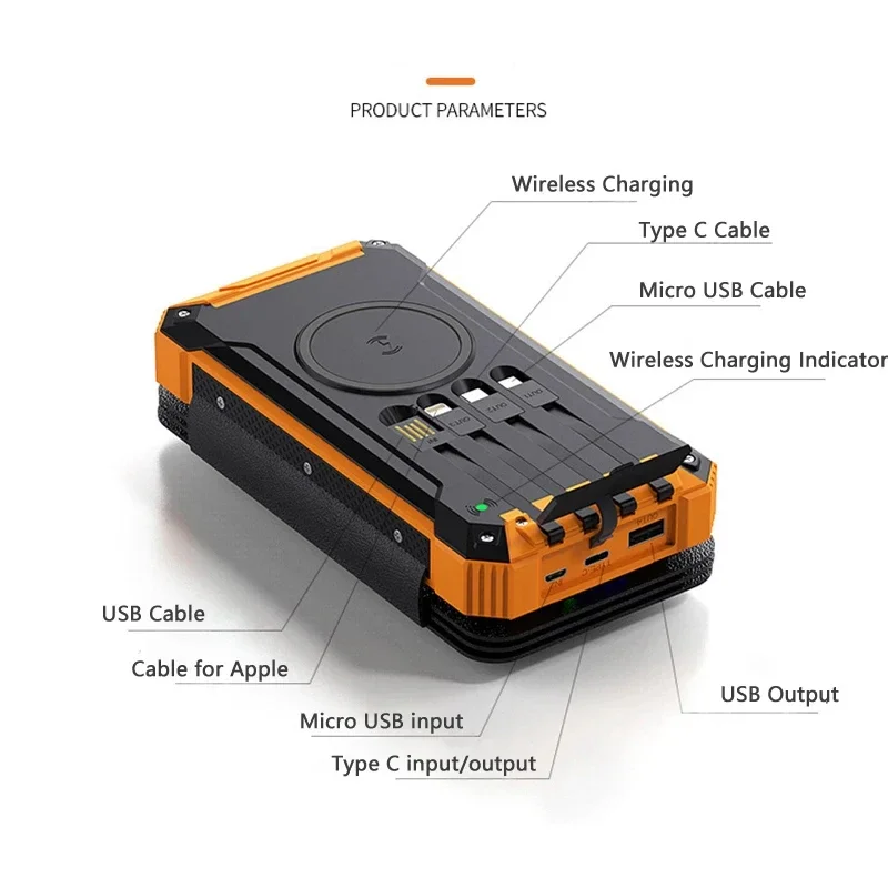 Solar Wireless Power Bank With Cable Solar Panel 30000mAh Portable Charger Powerbank External Battery Pack  For iPhone 16 Xiaomi