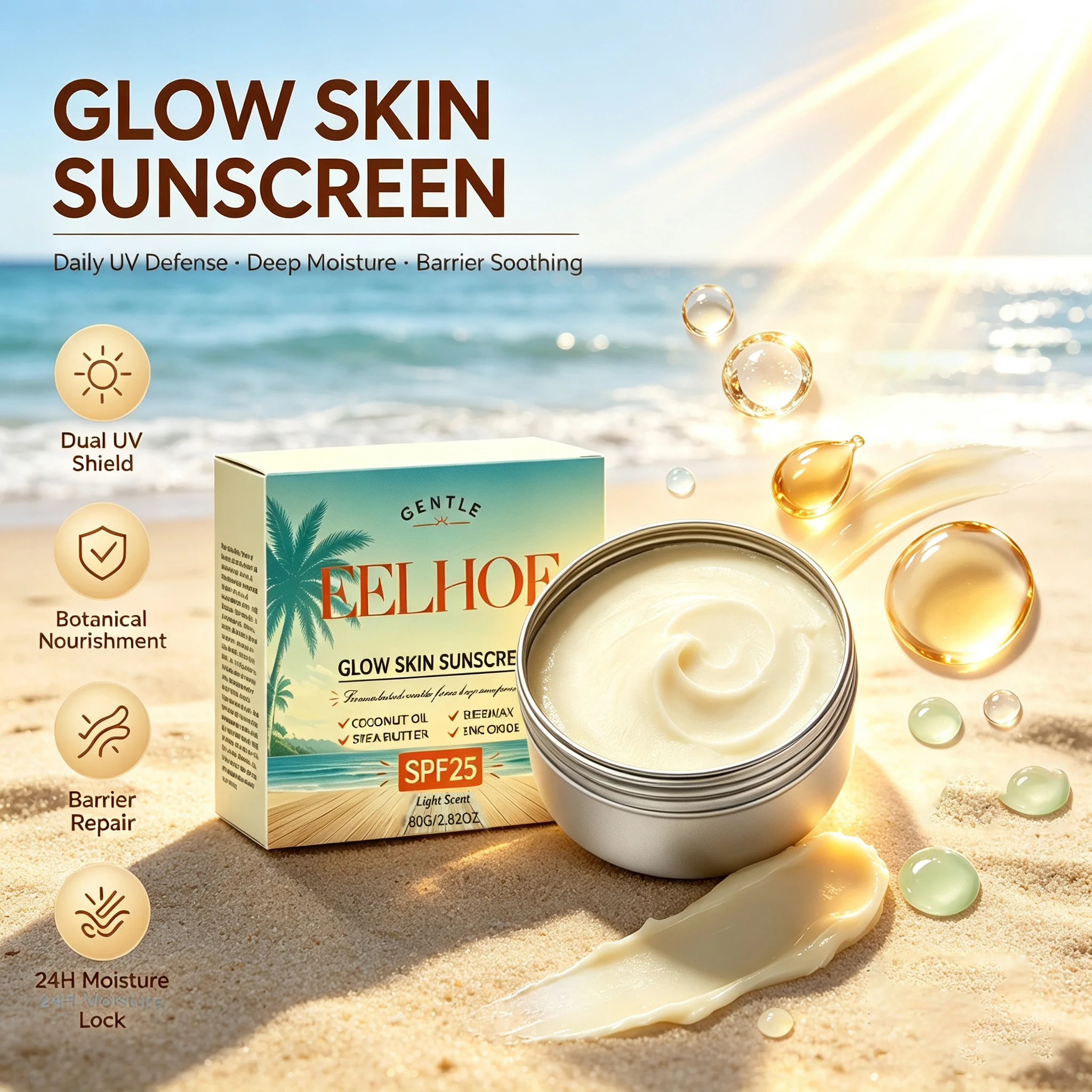Glow Skin Sunscreen Waterproof Sun Block Cream Moisturizing Refreshing Daily UV Defense Face & Body Protection Cream