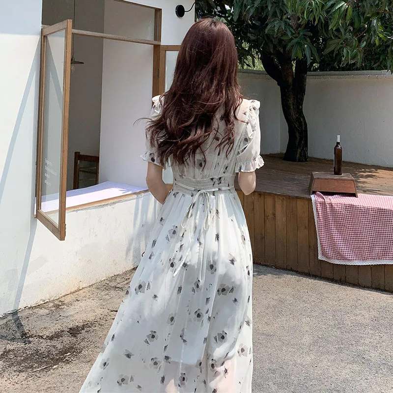 Women's Summer Dress 2024 Cute Office Lady Korea Style Flounced Print Patchwork Short Sleeve Chiffon Belt V-Neck Dresses